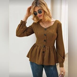 SHEIN NWOT Mustard Brown Large Houndstooth Peplum Button Blouse Long Sleeve